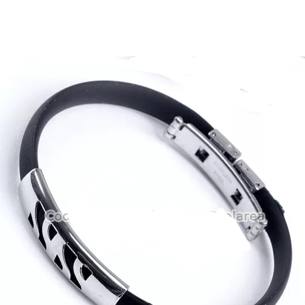 Silver Stainless Steel Black Rubber Bracelet